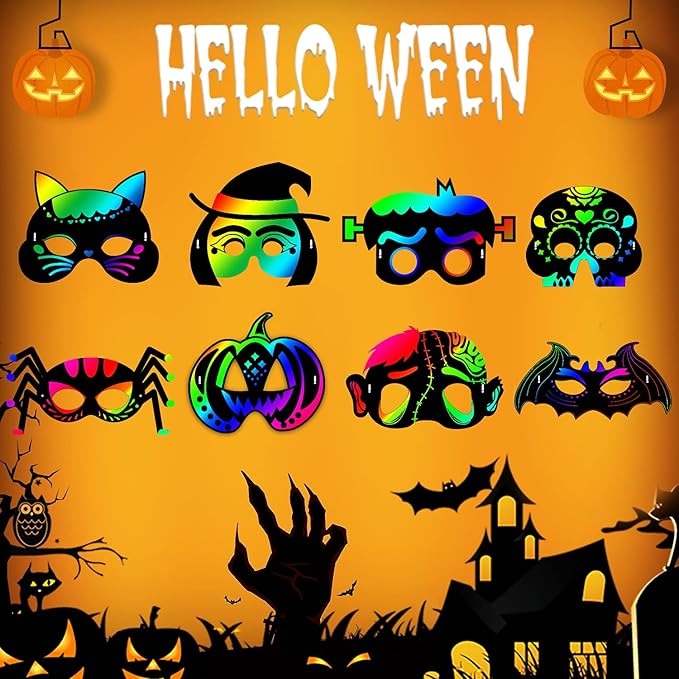 Natonhi 64Pcs Halloween Crafts Rainbow Scratch Mask, Halloween Games Scratch Art and Craft Kit Classroom Activities Favors Party Supplies
