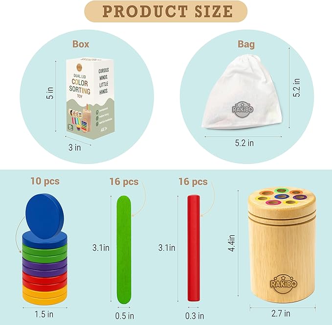 Montessori Color Sorting Toy for Toddlers Ages 1-5 – Wooden Fine Motor Skills Toy with Pegs, Sticks, Lids & Discs – Sensory Educational Activity – Gift-Ready in Box Learning Toy