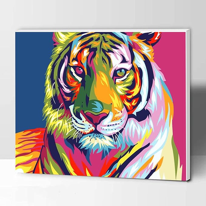 Tiger Paint by Numbers for Kids and Adults Framed Canvas, Paint by Number Canvas Number Painting by Numbers for Art Crafts for Adults, Colorful Tiger 12x16inch