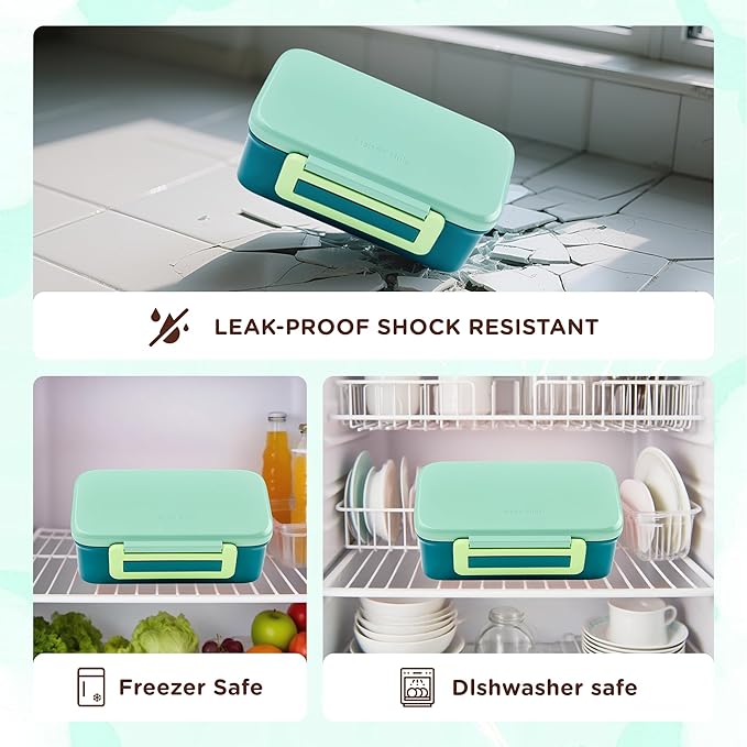 Bento Lunch Box for Kids With 8oz Thermo, Leakproof Bento Box with with 2 Compartments, Insulated Bottle, Lunch Bag, BPA Free Dishwasher Safe for School Girls Boys (Green)