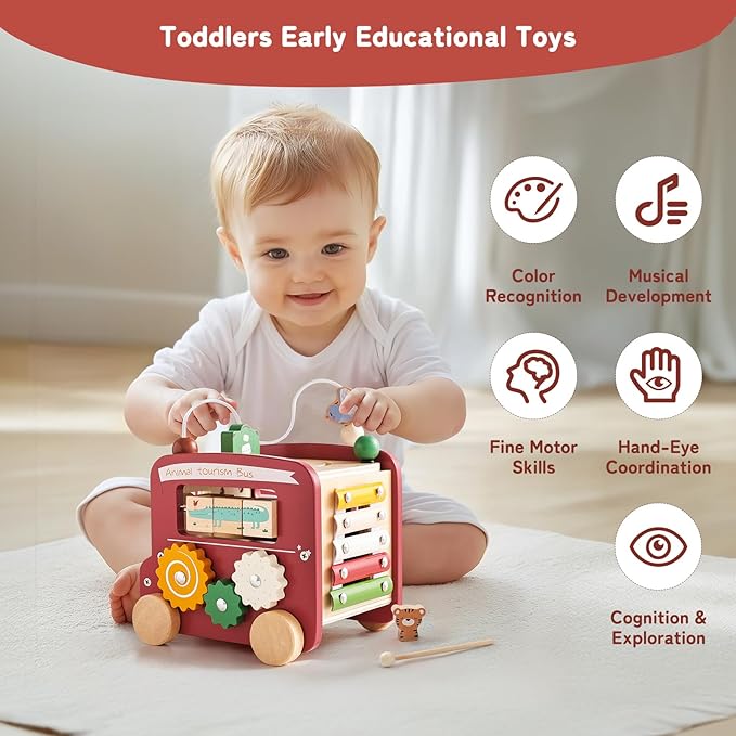 Wooden Activity Cube 8-in-1 Montessori Toys | Multifunctional Early Educational Learning Toys | Wooden Toy for Baby Shape Sorter Xylophone Animal Travel Bus Boy Girl Birthday Gift（Red Bus）