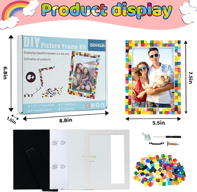 HAPMARS DIY Mosaic Photo Frame Craft Kits - Creative Arts & Crafts Mosaic Kits Summer Activities for Ages 6-12,Make Your Own Picture Frame Fun STEM Craft Birthday Easter Christmas Gifts for Boys Girls