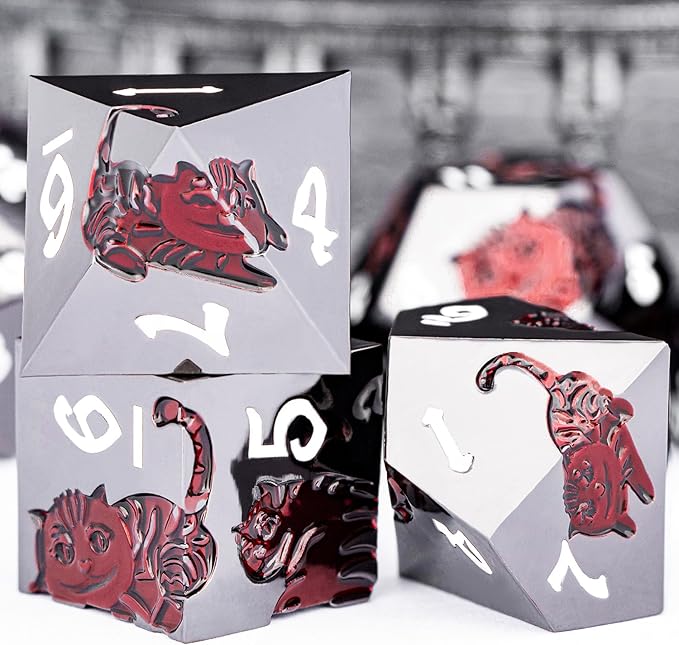 Metal DND Cat Dice 7PCS Polyhedral RPG Dice Set with Gift Case for Dungeons Dragons Role Playing Game, D and D Dice D6 D8 D10 D12 D20 D% (Red Black)