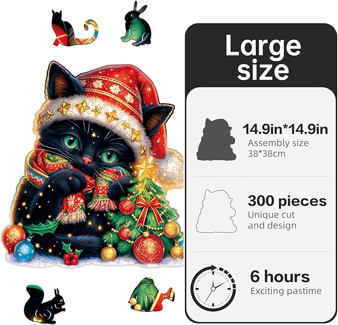 Wooden Jigsaw Puzzle for Adults,Christmas Cat Puzzle 300 Piece,Unique Shape Puzzle Challenge 14.9 x 14.9 Inch,Beautiful Wooden Puzzles Birthday Gifts for Adults Family Game