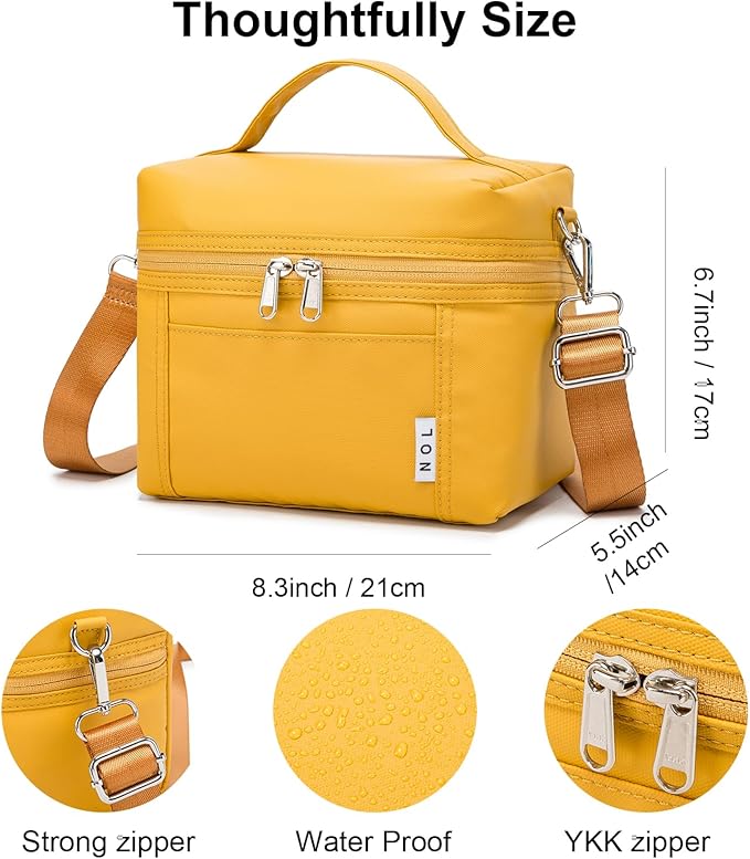 NOL Natural Organic Lifestyle Reusable Insulated Lunch Bags for Adults Lightweight Nylon Waterproof Lunch Box with Removable Adjustable Strap Insulated Lunch Bag for Work (Small Earth-yellow)