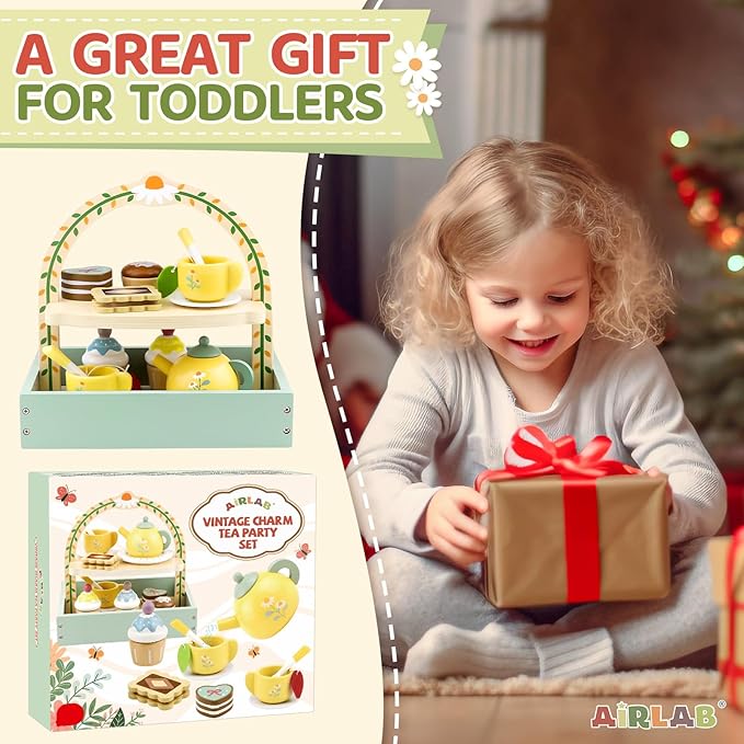 Wooden Tea Sets for Little Girls 1-3 Play Food Cake Toys Toddlers 3-5 Kitchen Accessories Pretend Play Princess Playset for 2 3 4 5 6 Year Old Girl Boy Party Birthday Gift