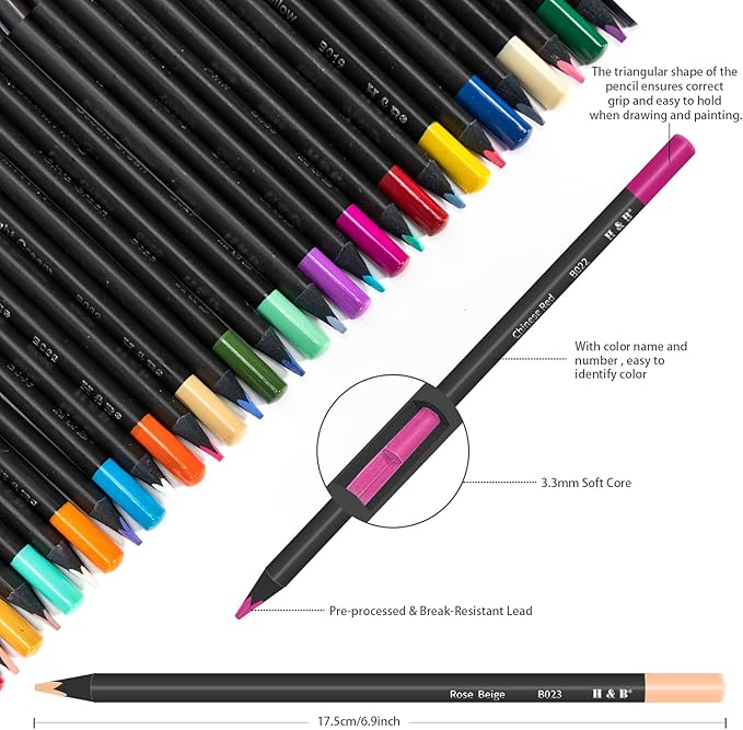 H & B 120-Color Black Wood Colored Pencils Set with Coloring Book, Eraser, Sharpener - Drawing and Coloring - Artist-Grade Soft Oil-Based Cores - Works on Black Paper