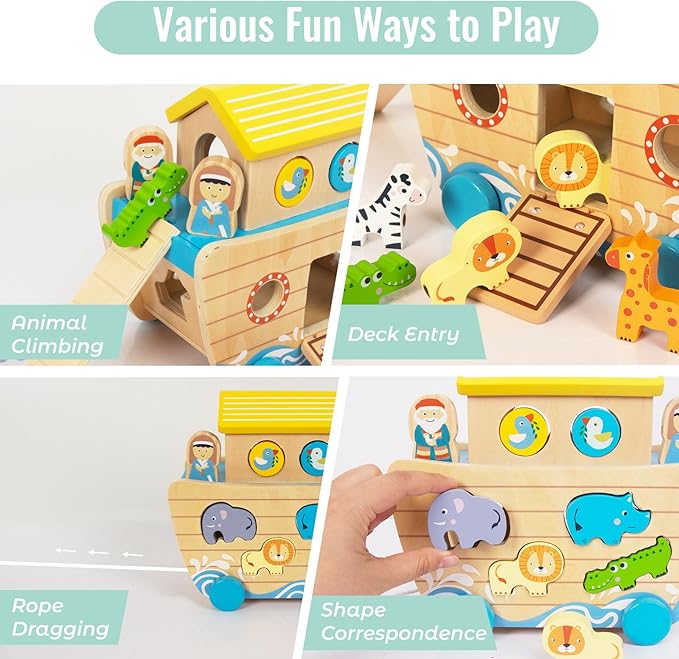 Toddlers Wooden Noah's Ark Toy Animal Playset, Shape Sorter Early Learning Montessori Toys, Baptism Gifts for 3 Boys Girls Kids