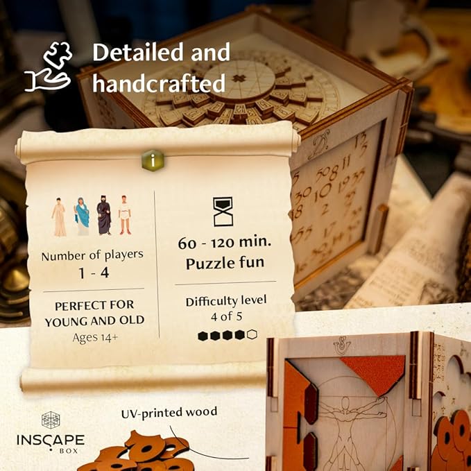 INSCAPE Da Vinci Puzzle Box - Escape Room in A Box for Adults - Cluebox - Mind Puzzles for Adults - Puzzle Boxes with Hidden Compartments - Puzzle Boxes for Adults - Wooden Puzzle Box