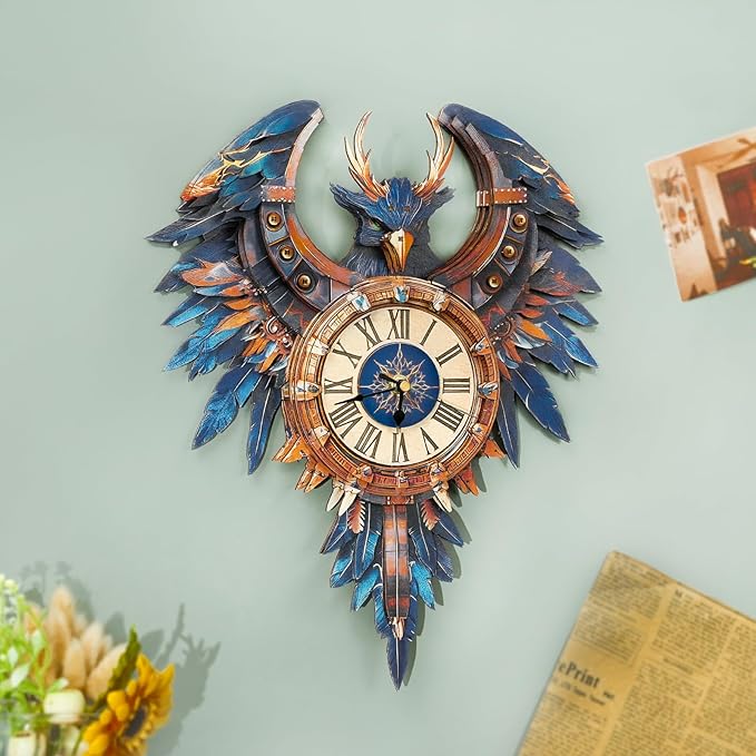 3D Puzzles for Adults Clock-Thunderbird Design Model Kit-Mechanical DIY Pendulum Clock with Roman Numerals-Desk Home Office Decor Personalized Gift for DIY Lovers