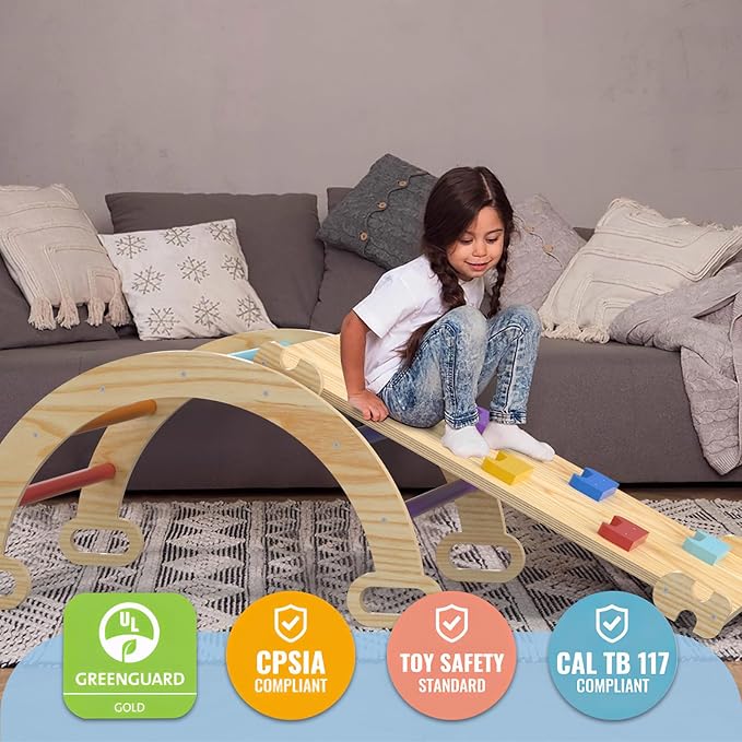Large Pikler Triangle Set, 5 in 1 Foldable Baby Climbing Gym Indoor Montessori Climbing Set Wooden Toddler Climbing Toys with Arch, Ramp, Ladder, Rainbow