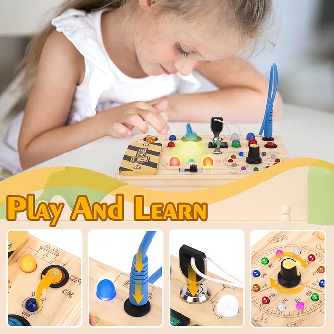 Montessori Toys Clock Wooden Busy Board with 11 LED Light switches, Tooddler Sensory Travel Toys for 1+ Year Old Baby and Toddler