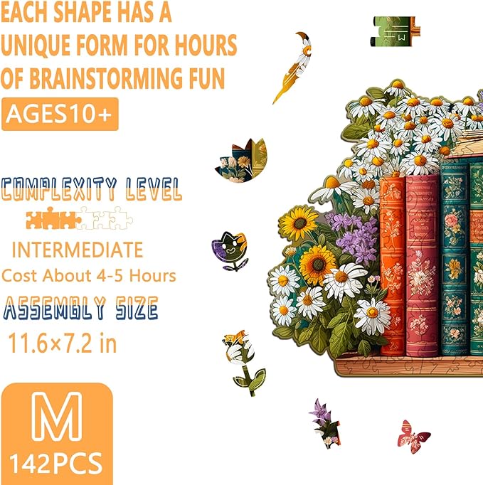 Wooden Puzzles for Adults - Blooming Flowers Wooden Jigsaw Puzzle, Unique Shape Flower Wood Puzzles Adult, Wall Art Home Decor, Gifts for Family and Friends (M-11.6 * 7.2in- 142 Pieces)