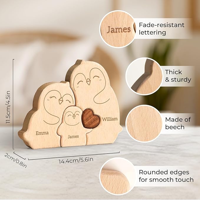 Wooden Penguin Family Puzzle, Personalized Puzzles with 2-5 Names, Fathers Day Birthday Personalized Gifts for Kids Boys Girls Mom Dad Grandma, Christmas Thanksgiving Decorations