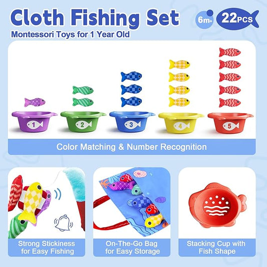 Baby Toys for 1 Year Old - Fishing Game for Toddlers 1-3, Montessori Toy for Toddler kids Number Counting, Color Sorting, Shape Learning, 22PCS Fishing Toy Gift for 1 2 3 Years Old Boy Girl Birthday