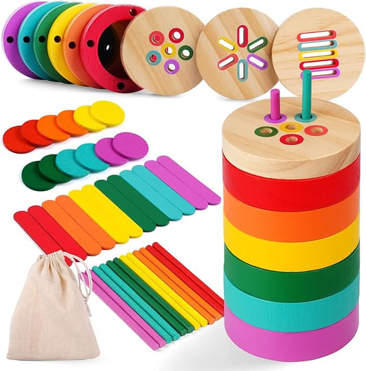 Montessori Toys, 4 in 1 Wooden Color Sorting Toys for Toddlers Sensory Fun Play Preschool Learning Activities Fine Motor Skills Educational Toys for Age 2 3 4 5 Boys Girls Gifts