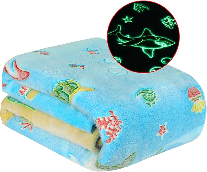 Wesan Glow in The Dark Blanket Ocean Fish Theme Gifts Kids Boys Teen Present Throw Adults Teenage Boys Room Decor Bedroom Camping Soft Cozy Plush Blanket Black 50"x60"