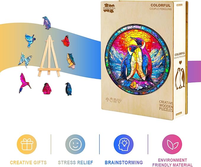 Wooden Puzzles for Adults - Colorful Couple Penguins Wooden Jigsaw Puzzle, Unique Animal Shaped Wood Puzzles Adult, Christmas Birthday Gifts for Friends/Family, Home Decor 11.4 * 11.4in 200pcs