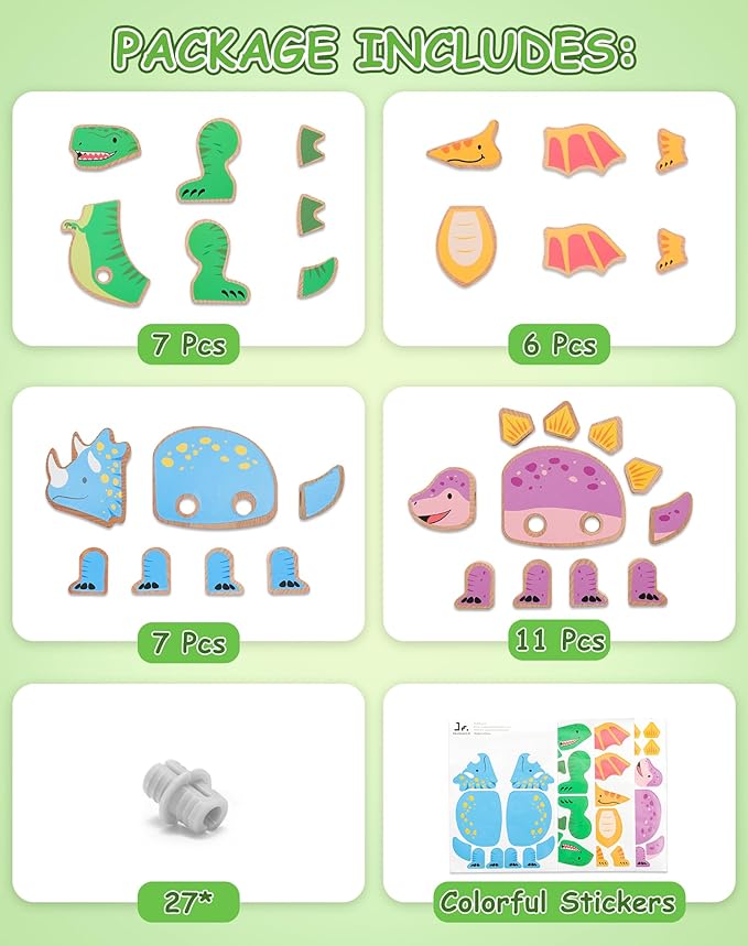 SainSmart Jr. Wooden Snap Together Building Toy, 4 Pcs Dinosaur Take Apart Toys, Montessori Toys for Toddler Developmental Learning - Ideal Gift for Boys and Girls