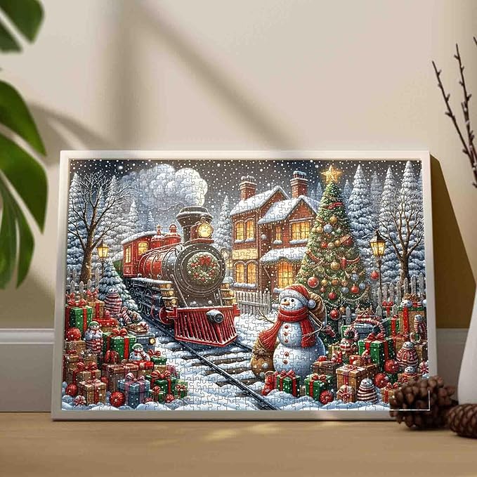 1000 Piece Jigsaw Puzzles for Adults Christmas Train,Xmas Tree Painting Christmas Gift,Snowman Jigsaw Puzzle 1000 Pieces Snowy Winter Village Puzzles Family Fun Game DIY Craft Bedroom Decor Festival