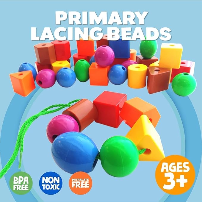 Skoolzy 46 Pcs Lacing Beads - Large Beads for Preschool Learning Activities, Sensory Toys for Toddlers 3-4, Autism Toys for Toddlers 3-4, Ideal for Cognitive and Motor Skills Development