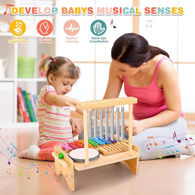 Kids Drum Set for Toddlers, Montessori Musical Instruments Toys, Toddler Drum Set Wooden Xylophone Musical Toys Birthday for Children Boys and Girls