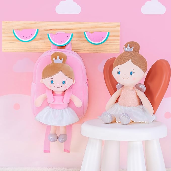 Gloveleya Toddler Backpack with Rag Doll Baby Gifts Angel Girl Pink 9 Inches