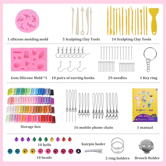 Aestd-ST Polymer Clay Kits 72Colors, Modeling Clay for Kids, Non-Stick Molding Oven Bake with 20 Sculpting Tools and 82 DIY Accessories, Craft Gift for Children and Adults.