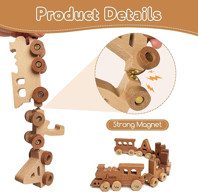 Personalized Wooden Alphabet Train, Custom Magnetic Name Puzzle Educational Toy for Toddlers Ages 2-5, Birthday Christ mas Gifts