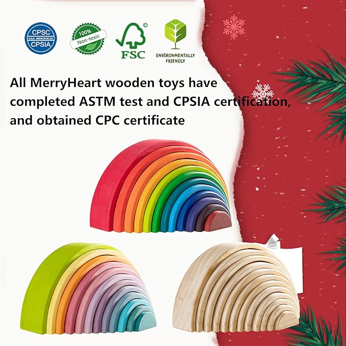 Wooden Rainbow Stacking Toy, 12 Pcs Wood Building Blocks Set, Waldorf Toys for Toddlers, Matching Educational Learning Toy