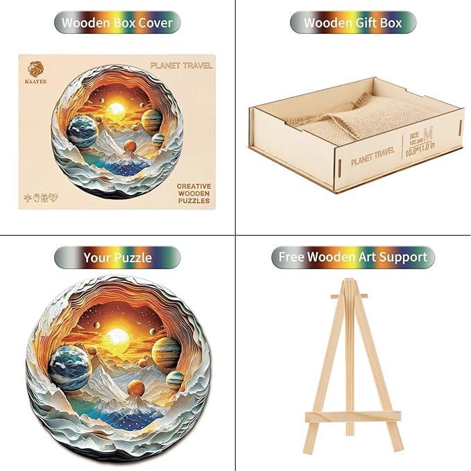 Wooden Puzzles for Adults 192 Pices, 3D Solar System Planet Wooden Jigsaw Puzzle, Flat Puzzels with 3D Visual Effect, Solar System Planet Irregular Jigsaw Puzzles, Finished Puzzle Size is 11 x 10.8in