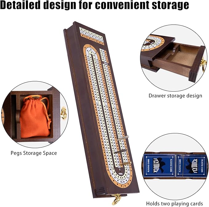 Wooden Cribbage Board Game Set,Traditional Cribbage Board Game,Solid Wood,3 Track Cribbage Board, 9 Metal Pegs,2 Decks of Playing Cards,Fun Table Game,Game Night, Travel (Manual Included)