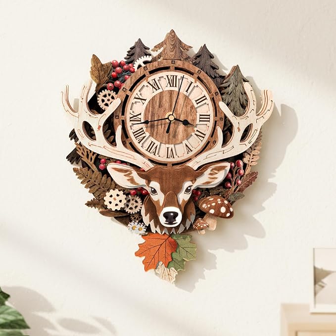 3D Puzzles for Adults Clock-Reindeer Design Model Kit-Mechanical DIY Pendulum Clock with Roman Numerals-Desk Home Office Decor Personalized Gift for DIY Lovers
