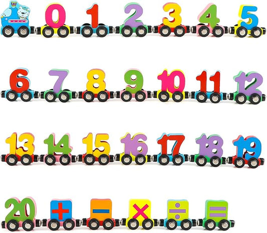 Wondertoys 27 PCS Wooden Magnetic Number Train Set Toy Compatible with Major Brands Train Set Tracks