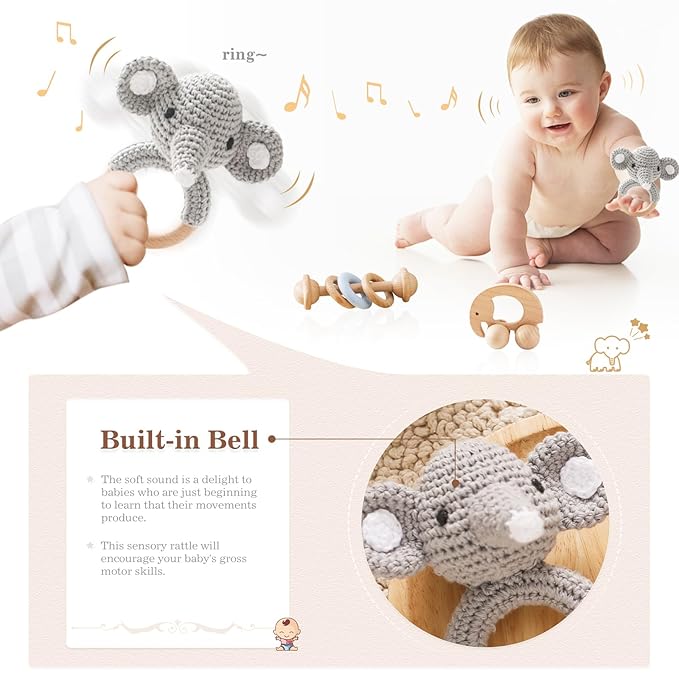 Wooden Baby Rattle 3 PCS Push Car Rattle Set Crochet Rattle Ring Wooden Montessori Toy for Newborn Infant Baby Gifts (Elephant Rattle)