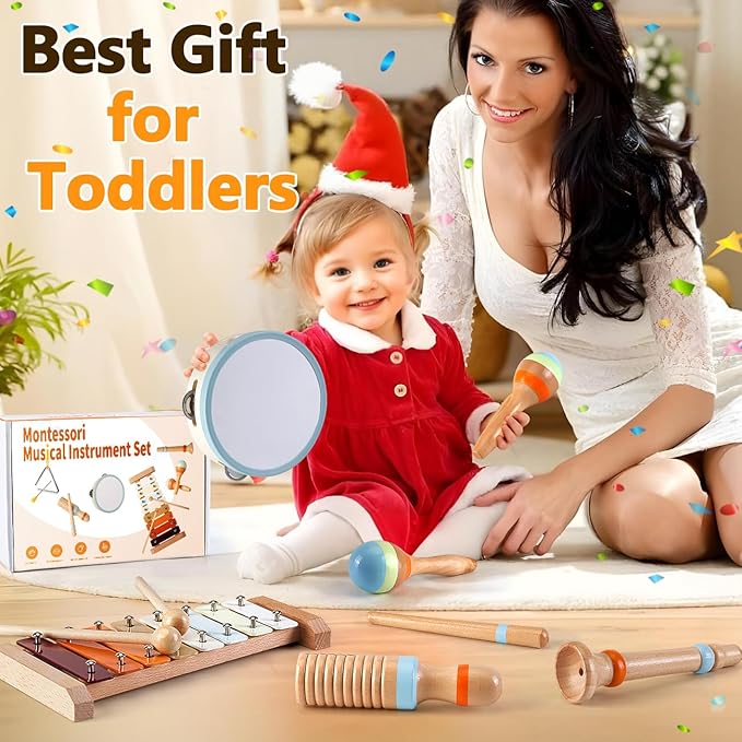 Baby Musical Instruments - Montessori Musical Toys for Toddlers 1-3, Wooden Percussion Instruments Set, Neutral Colors Modern Boho Music Toys for 1 Year Old, Kids Preschool Educational Birthday Gifts