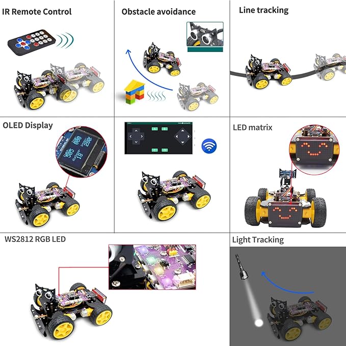 Adeept 4WD Smart Car Kit(Compatible with Arduino IDE), Line Tracking, Light Tracing, Obstacle Avoidance, Servo Motor, OLED Display, Buzzer, LED Dot Matrix Display