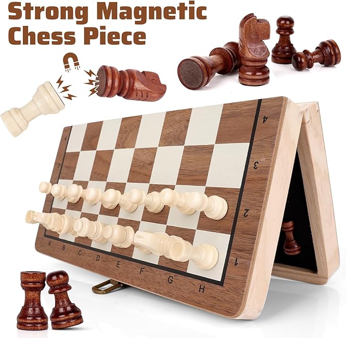 Wooden Chess Set,11.5 inch Magnetic Chess Board Folding Design with Storage Travel Chess Game for Kids, Adults and Family Game Night