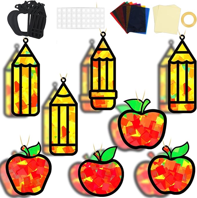 32 Sets Back to School Apple Pencil Suncatchers Craft Kit DIY Window Stained Glass Effect First Day of School Paper Craft Home Classroom Decoration Kid Birthday Gift Creative Art Project Activity Game