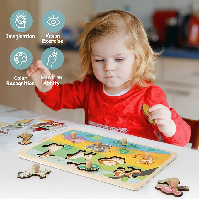 Wooden Puzzles for Toddler Peg Puzzle Toys, Wooden Jigsaw Puzzles Zoo Animal Patterns Puzzle with Handles Educational Montessori Puzzles