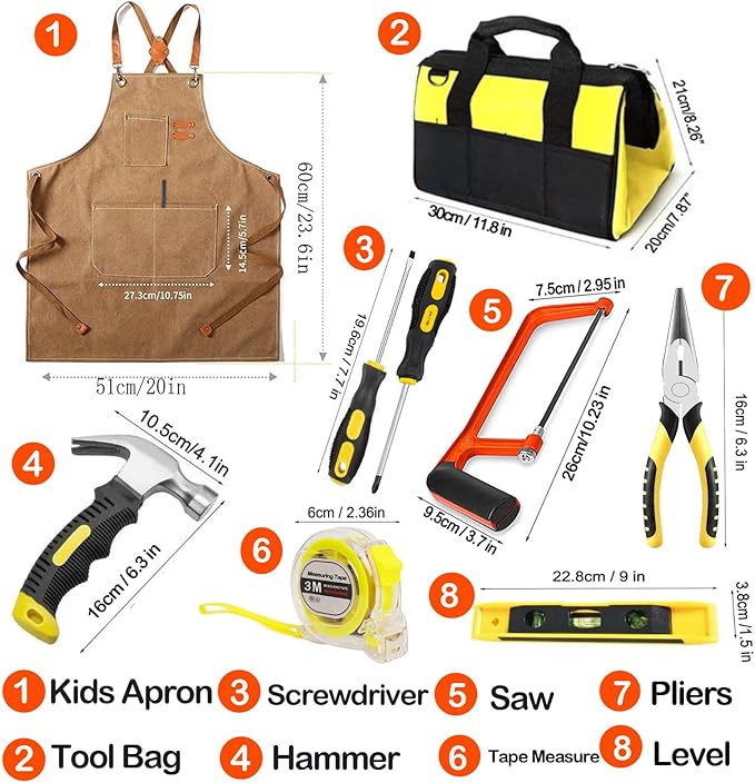 Kids Real Tools Set, Woodworking Tool Set, 38 Pieces with Tool Bag, Wood Workers Apron, Hand Saw,Children Construction Learning Gift