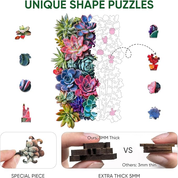 delobil Rectangular Succulent Wooden Puzzles, 200 Pieces Jigsaw Puzzles 12.6'' x8'', Unique Design Liberty Wooden Puzzles for Adults and Kids, Family Game Gift Royal Size