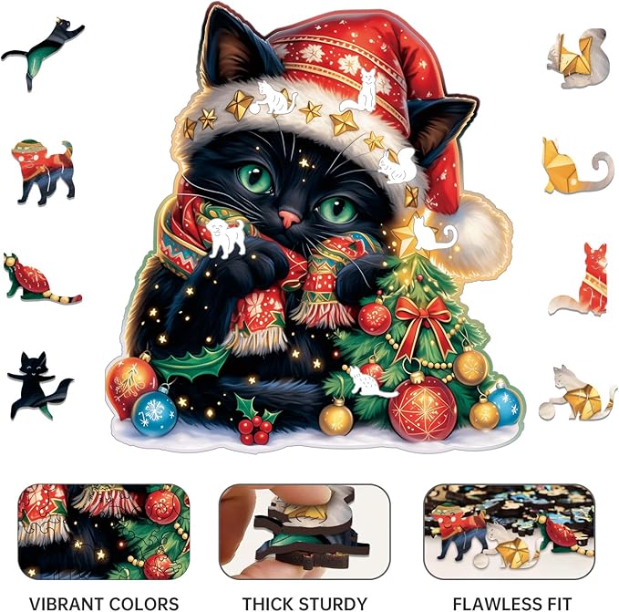 Wooden Jigsaw Puzzle for Adults,Christmas Cat Puzzle 200 Piece,Unique Shape Puzzle Challenge 11 x 11 Inch,Beautiful Wooden Puzzles Birthday Gifts for Adults Family Game