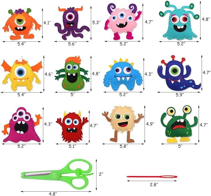CiyvoLyeen Little Monsters Craft Kit Adopt A Monster Felt Plush DIY Sewing Art Educational Toys Monster Craft Gift Learn How to Sew for Beginners Set of 12 Sewing Kits