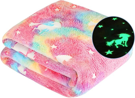 Glow in The Dark Blanket Unicorn Gifts for Kids Girls Teen Birthday Christmas Halloween Present Light Up Rainbow Unicorn Bedroom Bed Decor Fun Soft Fluffy Plush Glowing Throw Pink 50"x60"