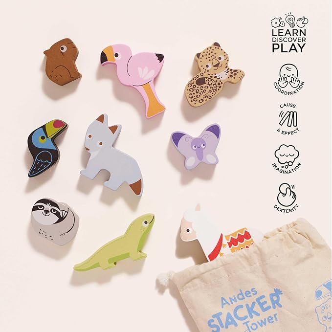 Le Toy Van - Wooden Andes Stacking & Bag - Petilou Forest Building Blocks Stacker & Bag - Educational Balancing Activity Toy for Kids Age 18 Months + - Tropical Animal Blocks