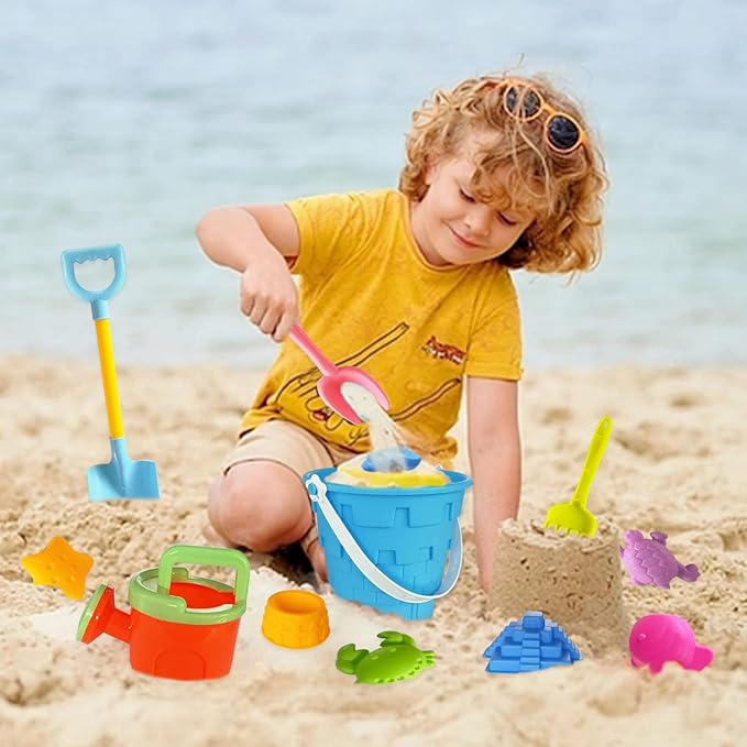 Beach Sand Toy Set for Kids, 15PCS Sand Toys with Beach Bucket, Watering Can, Big Shovel, Rake, Sea Animal Molds Sand Castle Building Kit for Boys, Girls, Toddlers