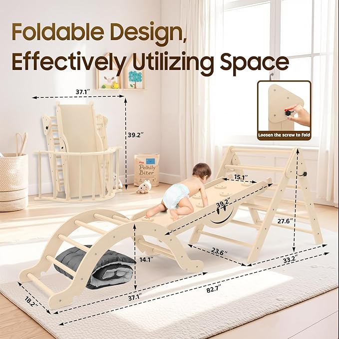 BIERUM 8 in 1 Pikler Triangle Set with Soft Cushion, Montessori Foldable Toddler Pickler Climbing Set with Ramp, Wooden Jungle Gym, Indoor Playground for Toddlers and Kids, Natural