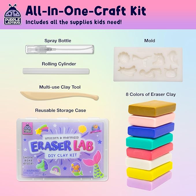 PURPLE LADYBUG Eraser Lab DIY Clay Mini Cute Eraser Kit for Girls - Unicorn & Mermaid Theme - Fun Craft Activity for Girls Aged 4 5 6 7 8 9 10, Perfect Back to School Supply & Birthday Gift Idea