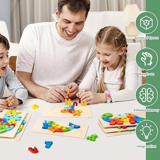 7 Pack Wooden Animal Toddler Puzzles for Kids Ages 3-5, Baby Montessori Toys for Kids Age 3 4 5 6 Years, 7 Animal Shape Learning Jigsaw Toys for 3 Year Olds for Boy Girl Ideal Gift